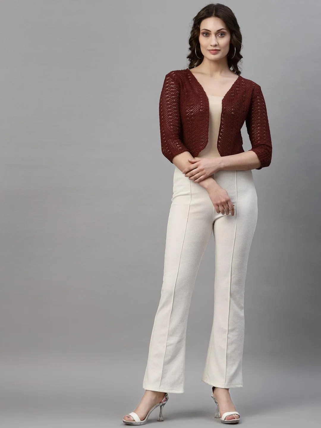 Style Quotient Women Maroon cotton self design lace crop open front shrug