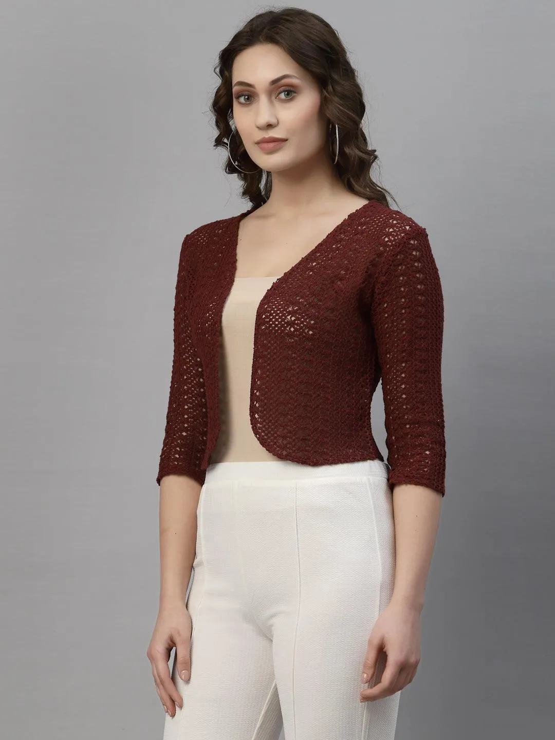 Style Quotient Women Maroon cotton self design lace crop open front shrug