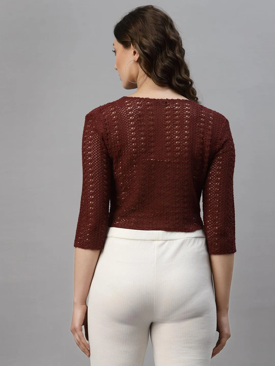 Style Quotient Women Maroon cotton self design lace crop open front shrug