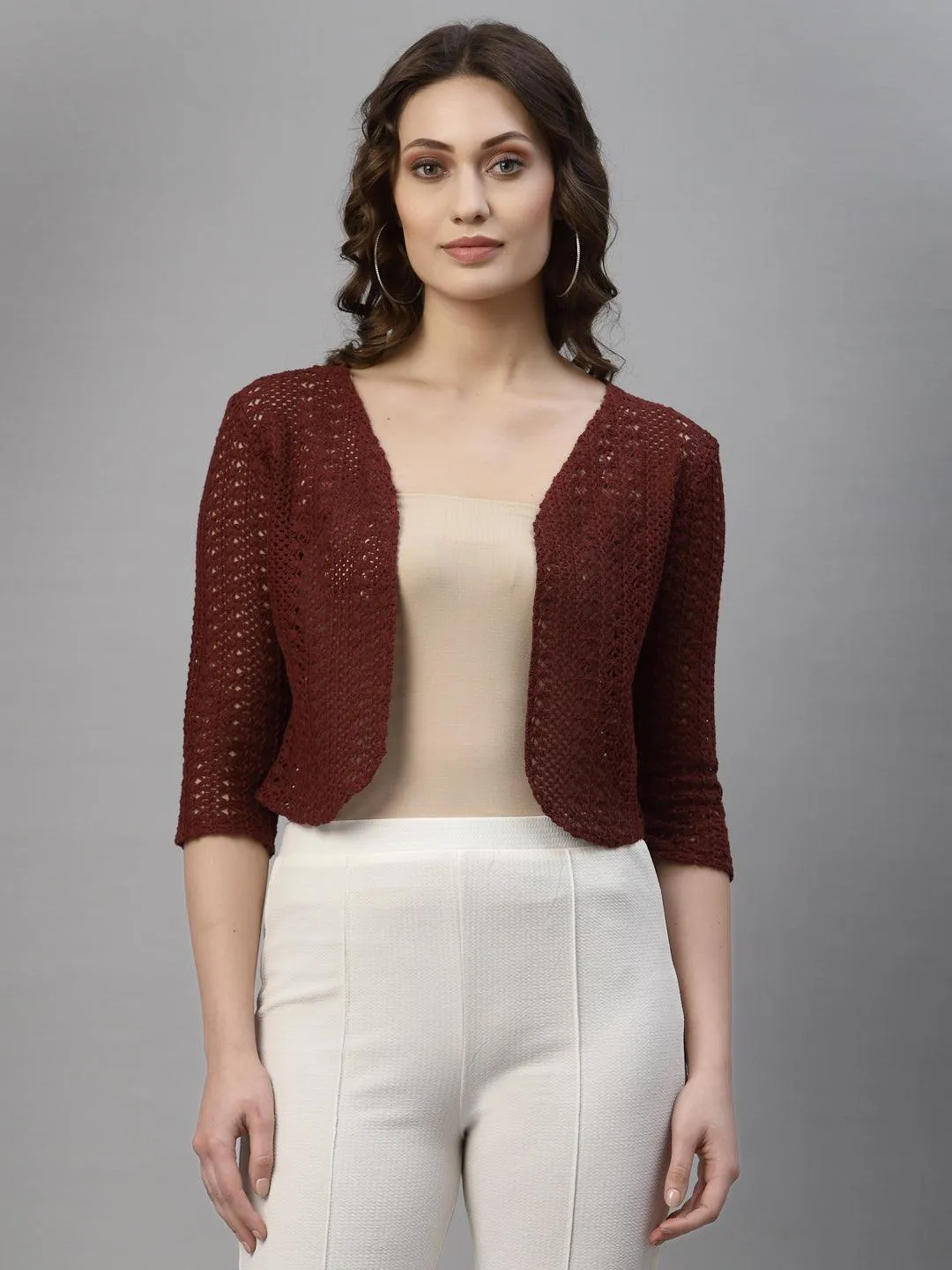 Style Quotient Women Maroon cotton self design lace crop open front shrug