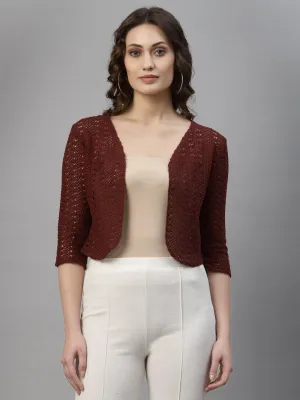 Style Quotient Women Maroon cotton self design lace crop open front shrug