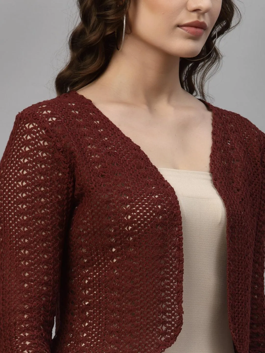 Style Quotient Women Maroon cotton self design lace crop open front shrug