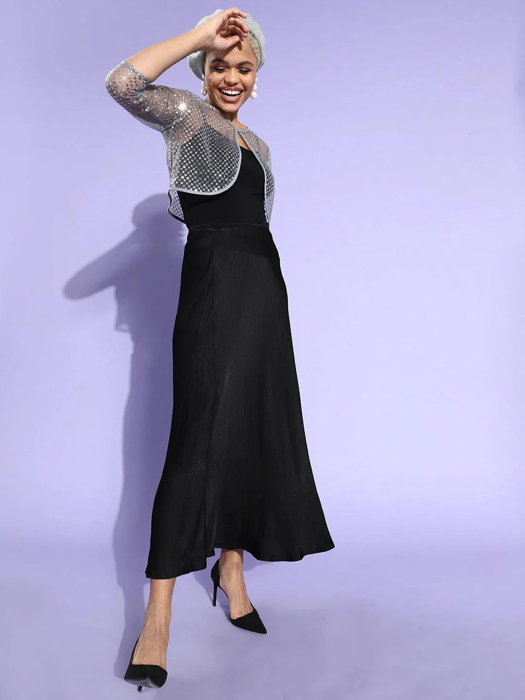 Style Quotient Women Silver Sequin Sheer Crop shrug