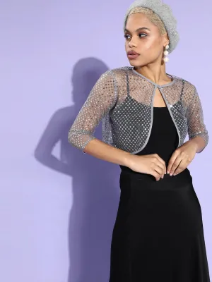 Style Quotient Women Silver Sequin Sheer Crop shrug