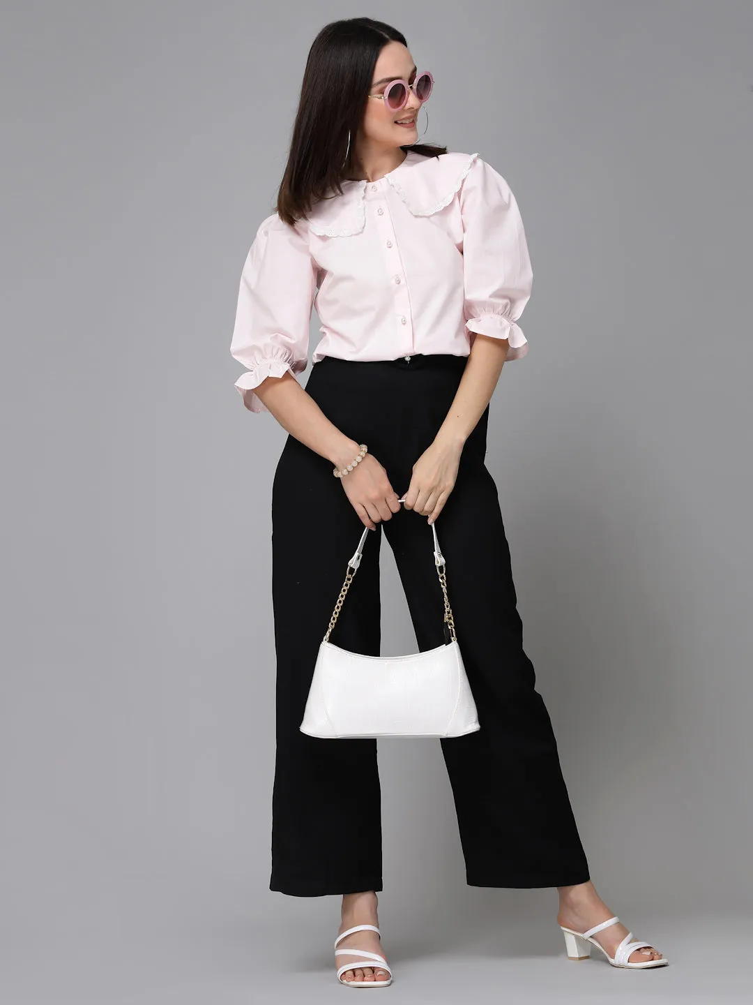 Style Quotient Women Solid Ligh Pink Polycotton Smart Casual Shirt