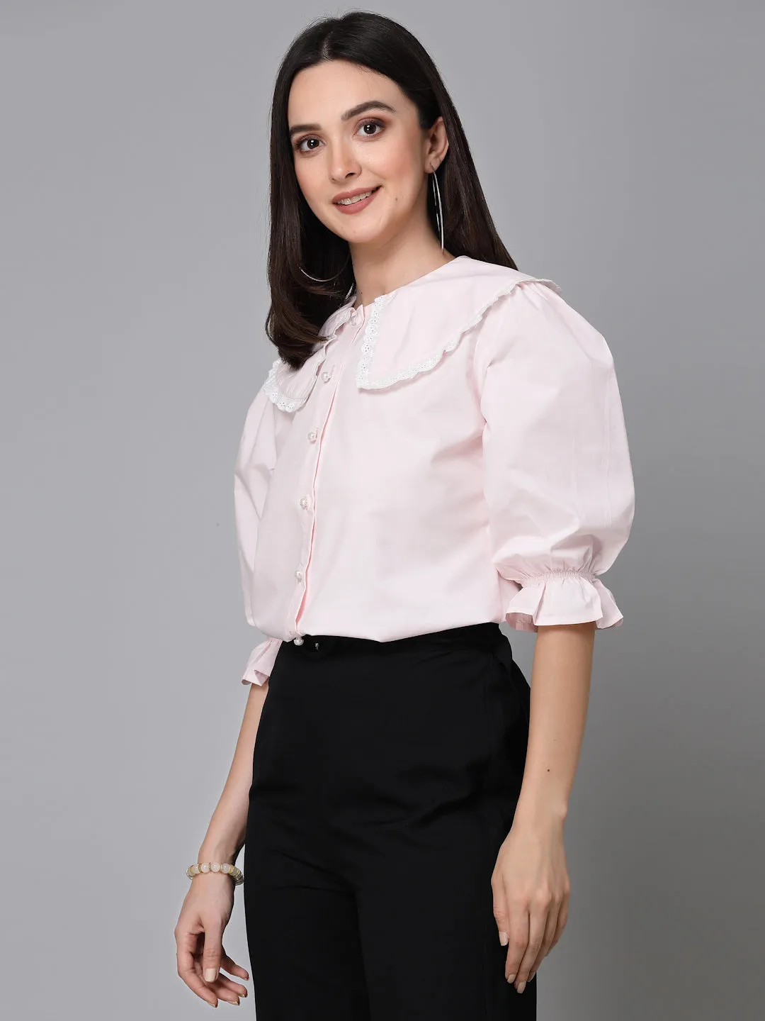 Style Quotient Women Solid Ligh Pink Polycotton Smart Casual Shirt