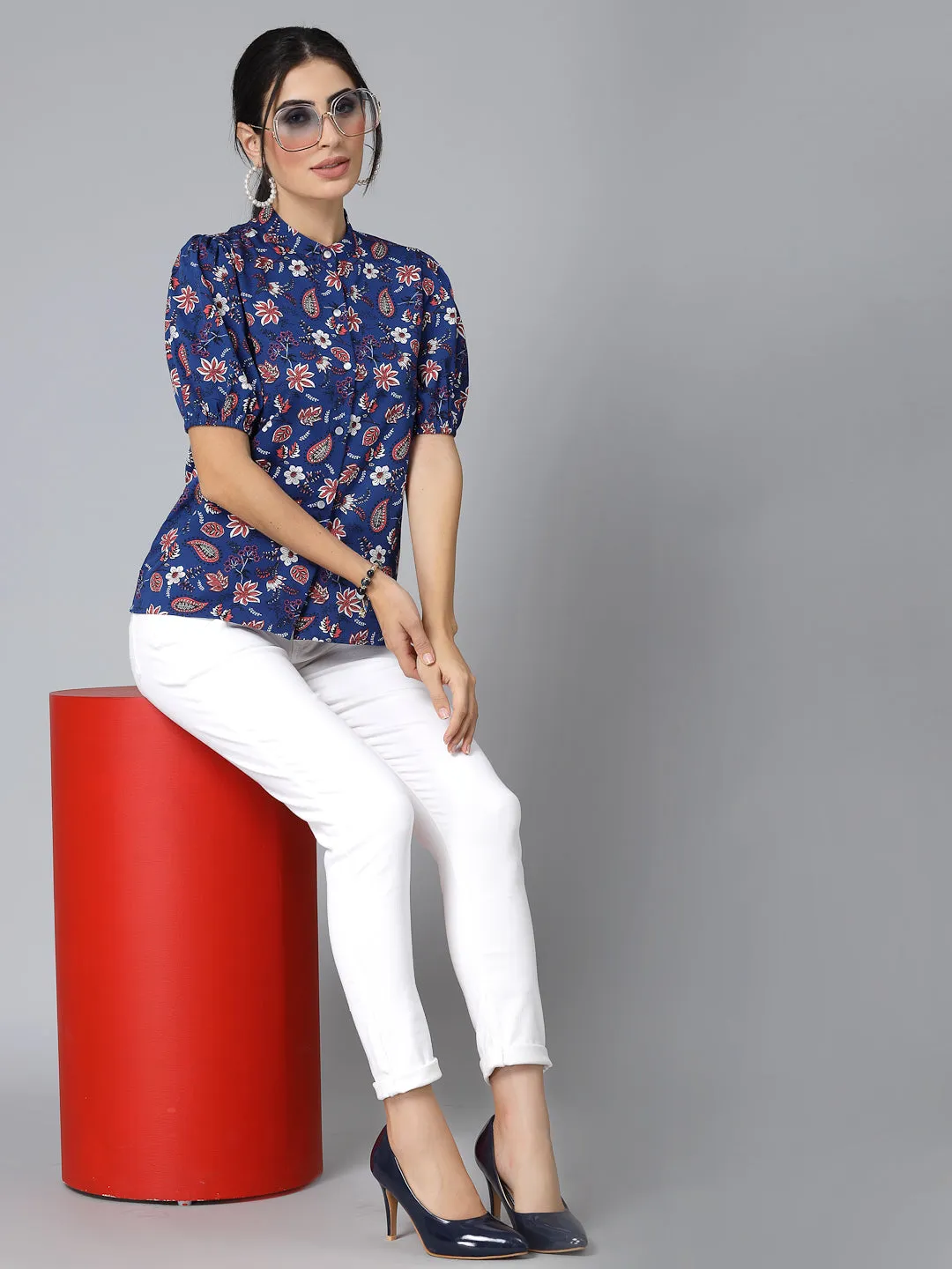 Style Quotients Women Blue Floral Polyester Smart Casual Top