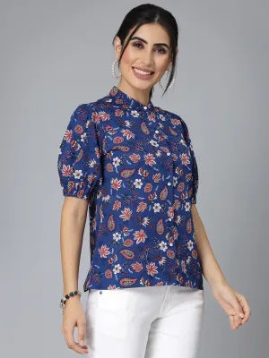 Style Quotients Women Blue Floral Polyester Smart Casual Top