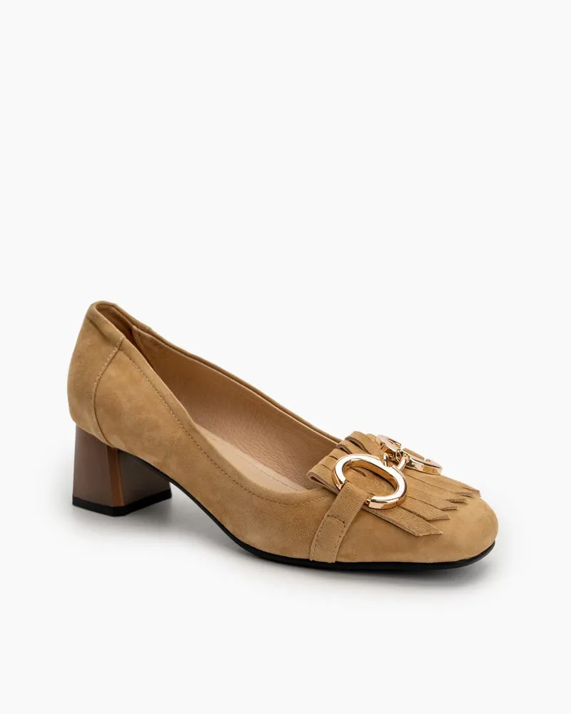 Suede Tassel Chain Decor Block Heel Loafers