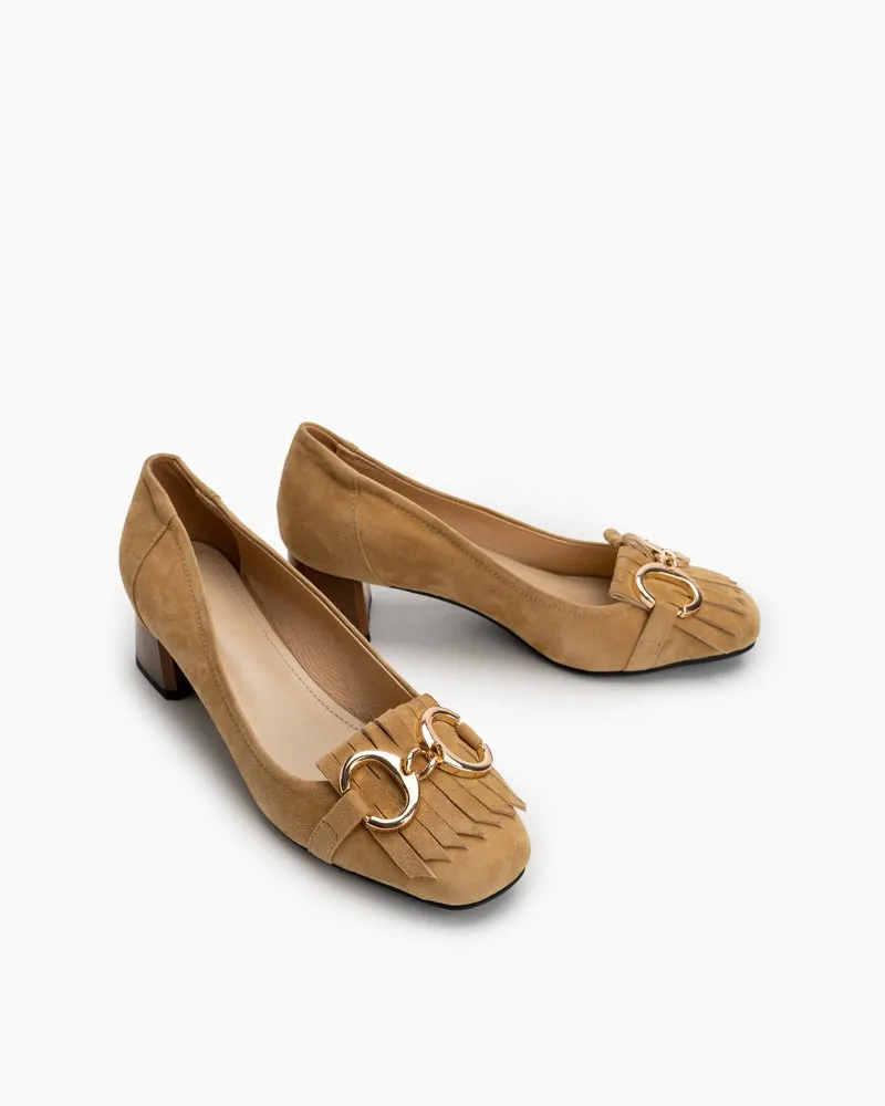 Suede Tassel Chain Decor Block Heel Loafers