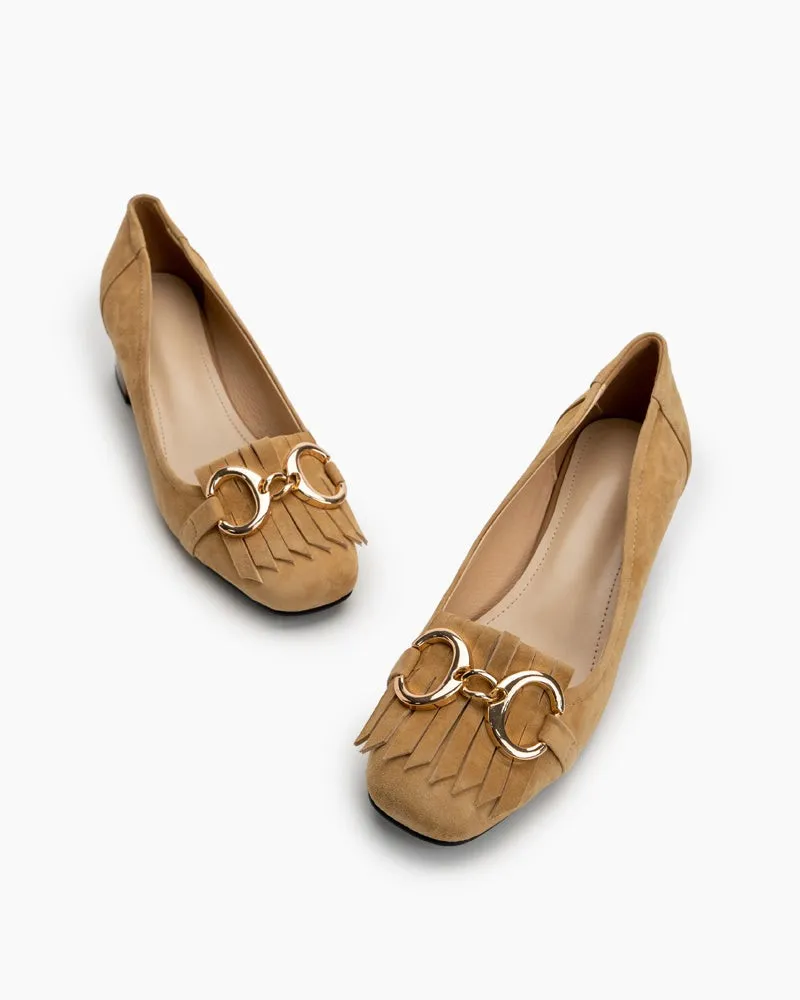 Suede Tassel Chain Decor Block Heel Loafers