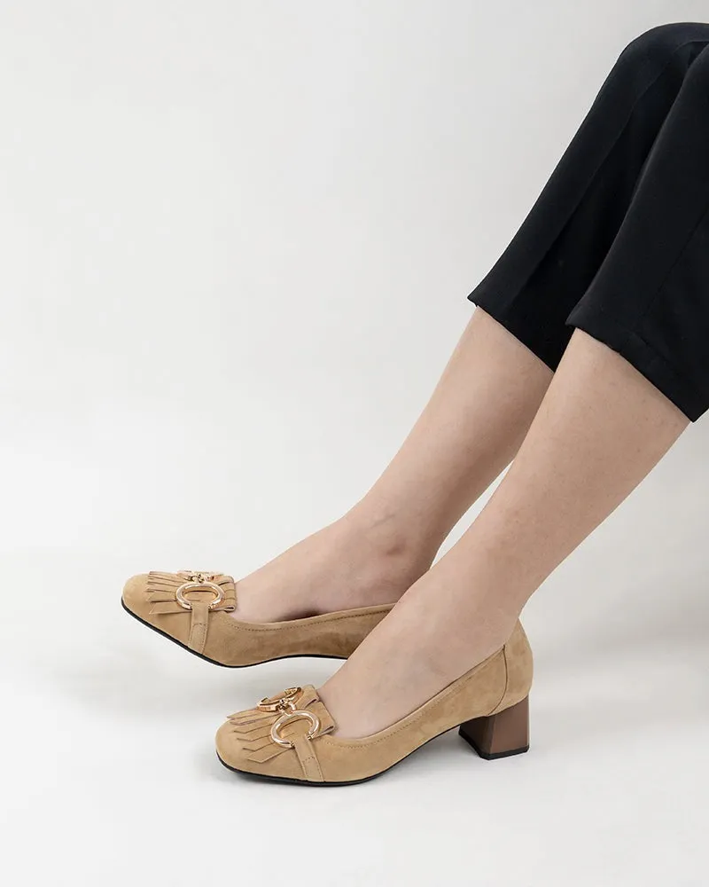 Suede Tassel Chain Decor Block Heel Loafers