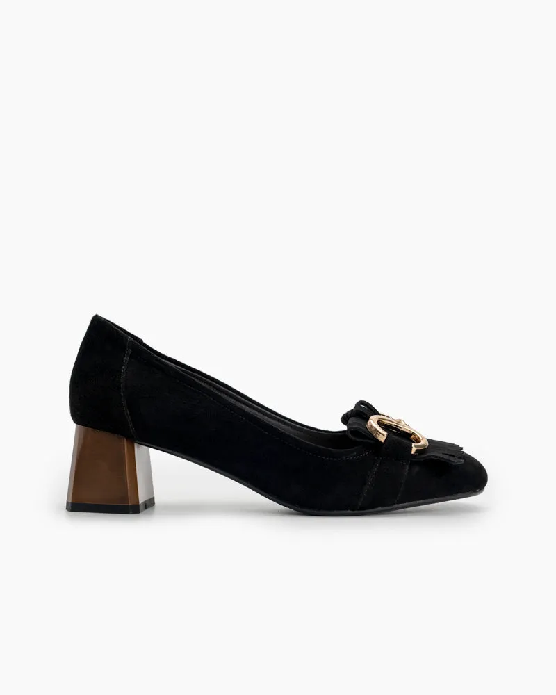 Suede Tassel Chain Decor Block Heel Loafers