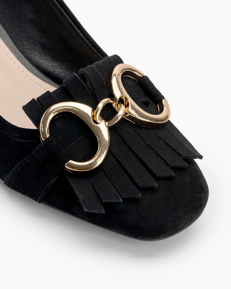 Suede Tassel Chain Decor Block Heel Loafers