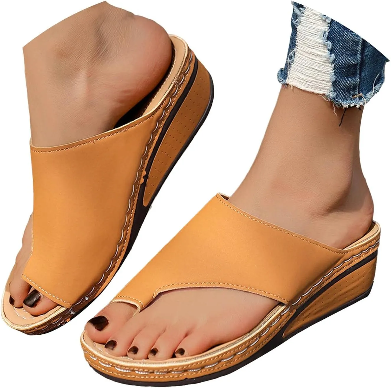 Summer Sandals For Women 2025,Women's Slide Sandals,Comfortable Arch Support Orthotic Split Toe Leather Wedge Cushion Flip Flops Womens Straps Slip-On Plantar Fasciitis Bunion Dressy Beach (Brown, 6)