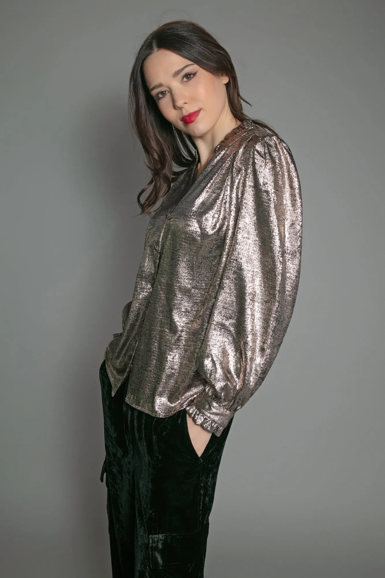 SYLVIA LAME BLOUSE IN LIGHT BRONZE