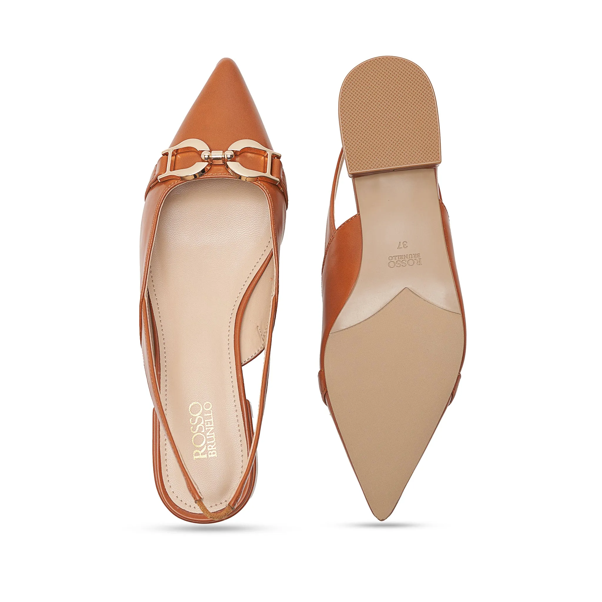 Tan Slingback Pumps With Gold Embellishment