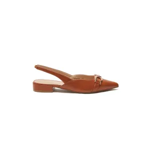 Tan Slingback Pumps With Gold Embellishment