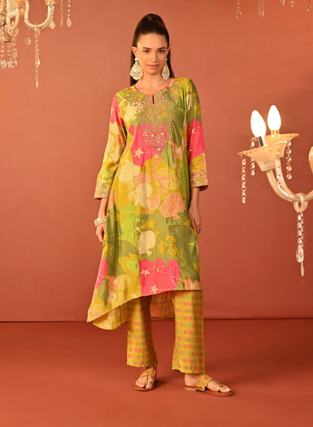 Tarana Lime Green Printed Chanderi Kurta Set for Women