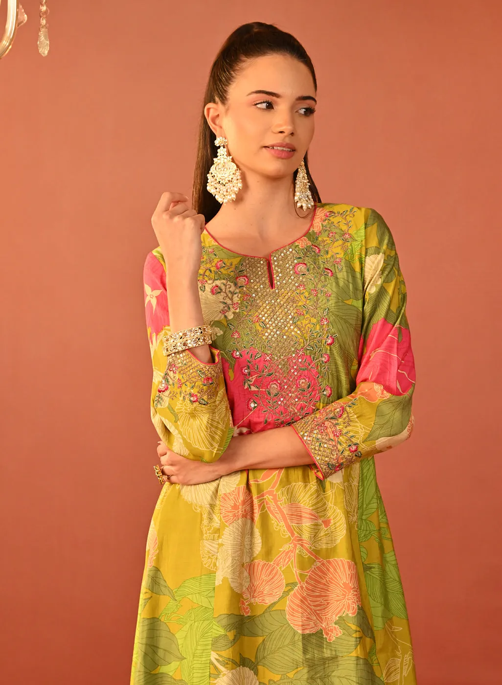 Tarana Lime Green Printed Chanderi Kurta Set for Women