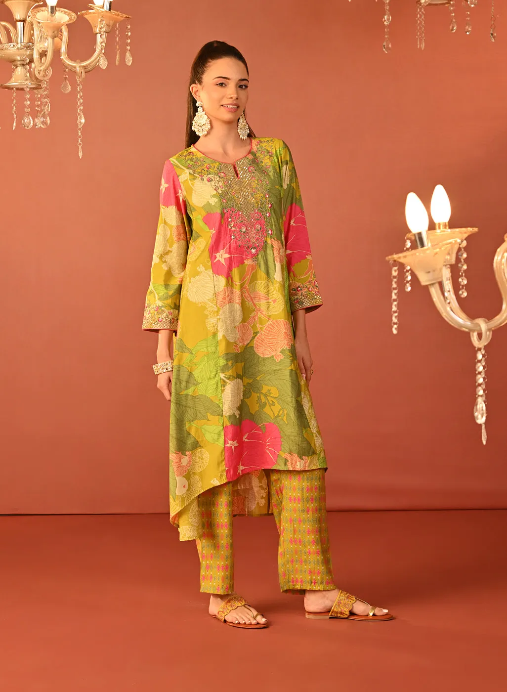 Tarana Lime Green Printed Chanderi Kurta Set for Women