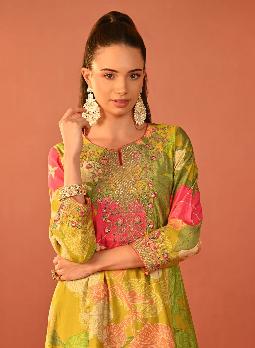 Tarana Lime Green Printed Chanderi Kurta Set for Women