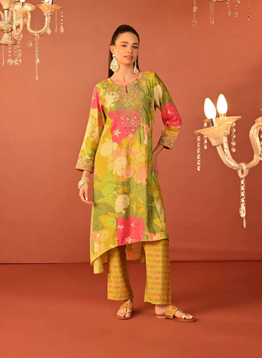 Tarana Lime Green Printed Chanderi Kurta Set for Women