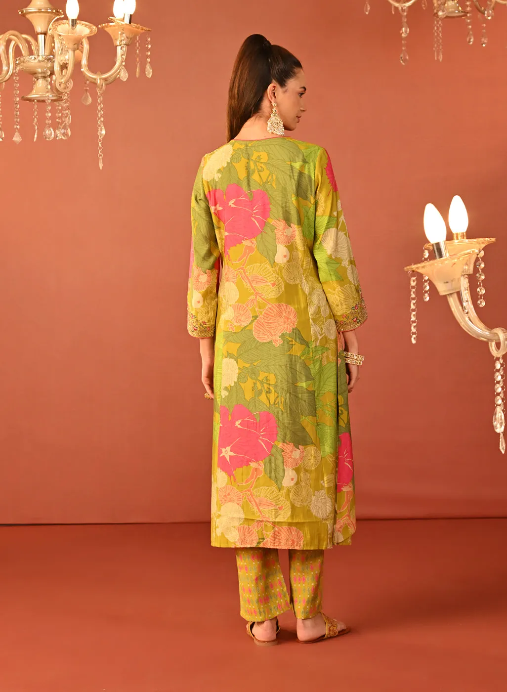 Tarana Lime Green Printed Chanderi Kurta Set for Women