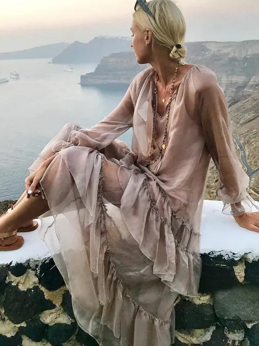 TastyHottie - Unique Falbala V-neck See-Through Maxi Dress