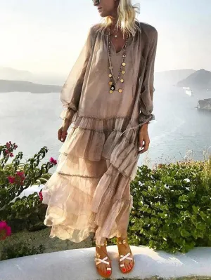 TastyHottie - Unique Falbala V-neck See-Through Maxi Dress