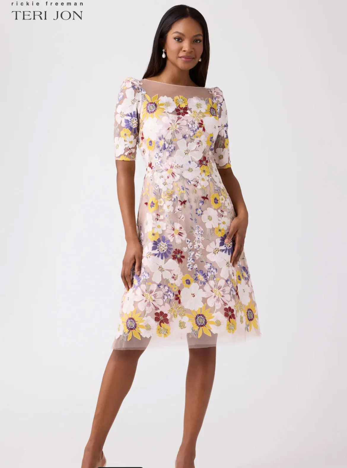TERI JON - Elbow Sleeve 3D Flower Embroidered Fit N Flare Dress