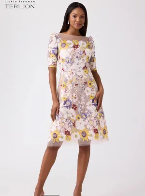 TERI JON - Elbow Sleeve 3D Flower Embroidered Fit N Flare Dress