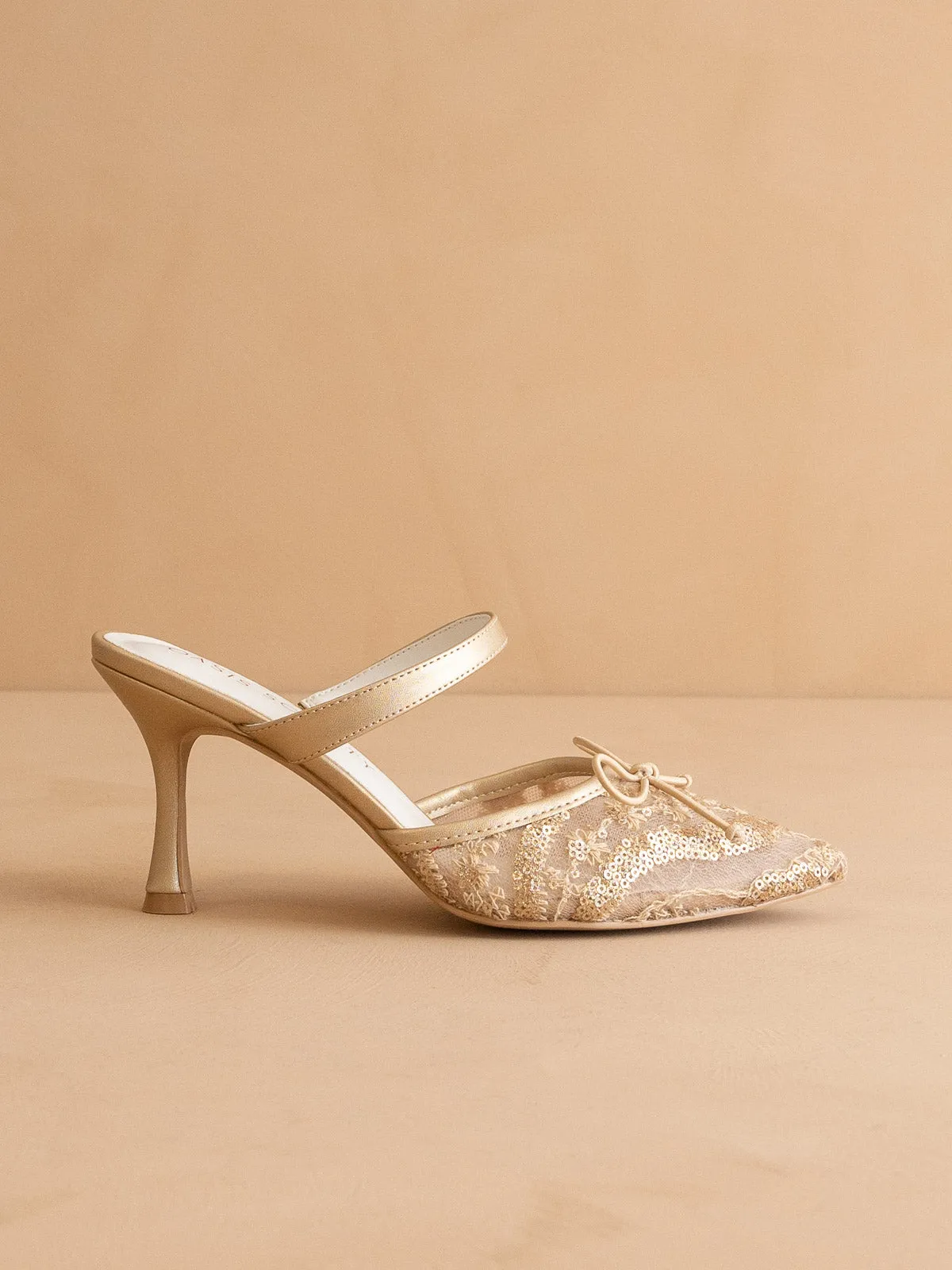 The Katie | Gold Lace Pointed Toe Mid Heel Mule