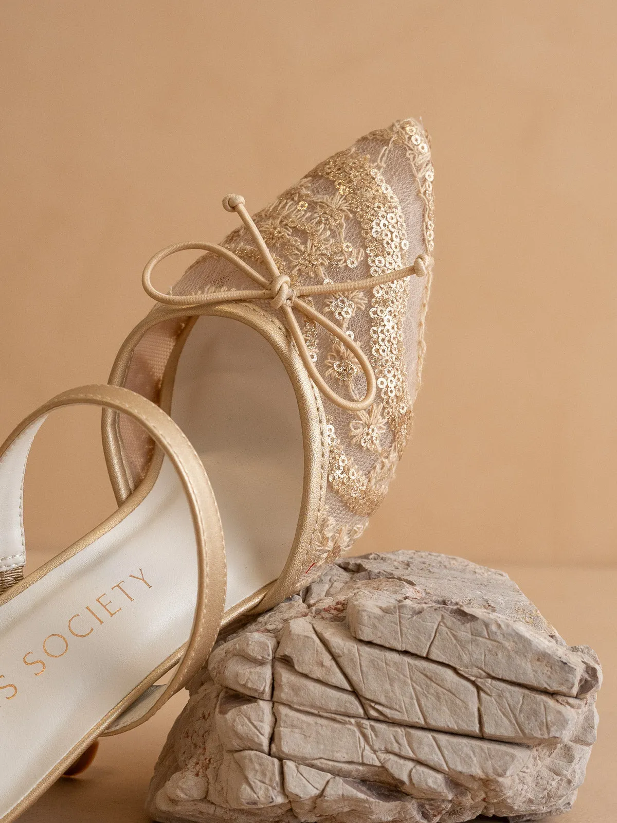 The Katie | Gold Lace Pointed Toe Mid Heel Mule