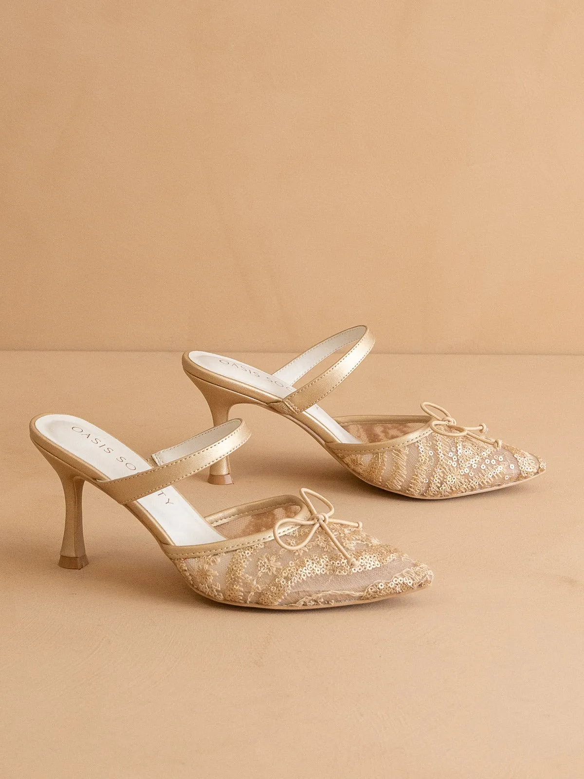 The Katie | Gold Lace Pointed Toe Mid Heel Mule