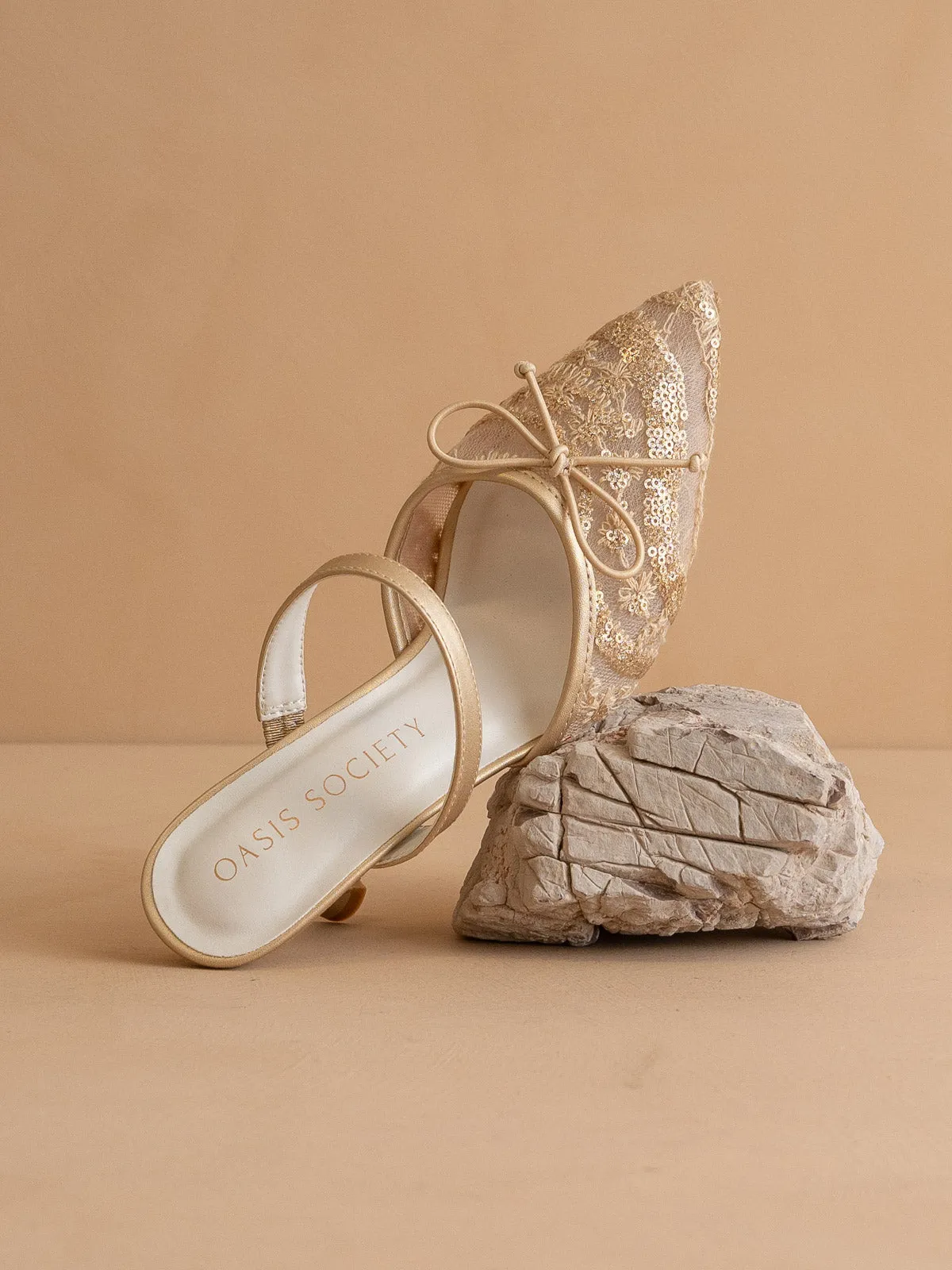 The Katie | Gold Lace Pointed Toe Mid Heel Mule