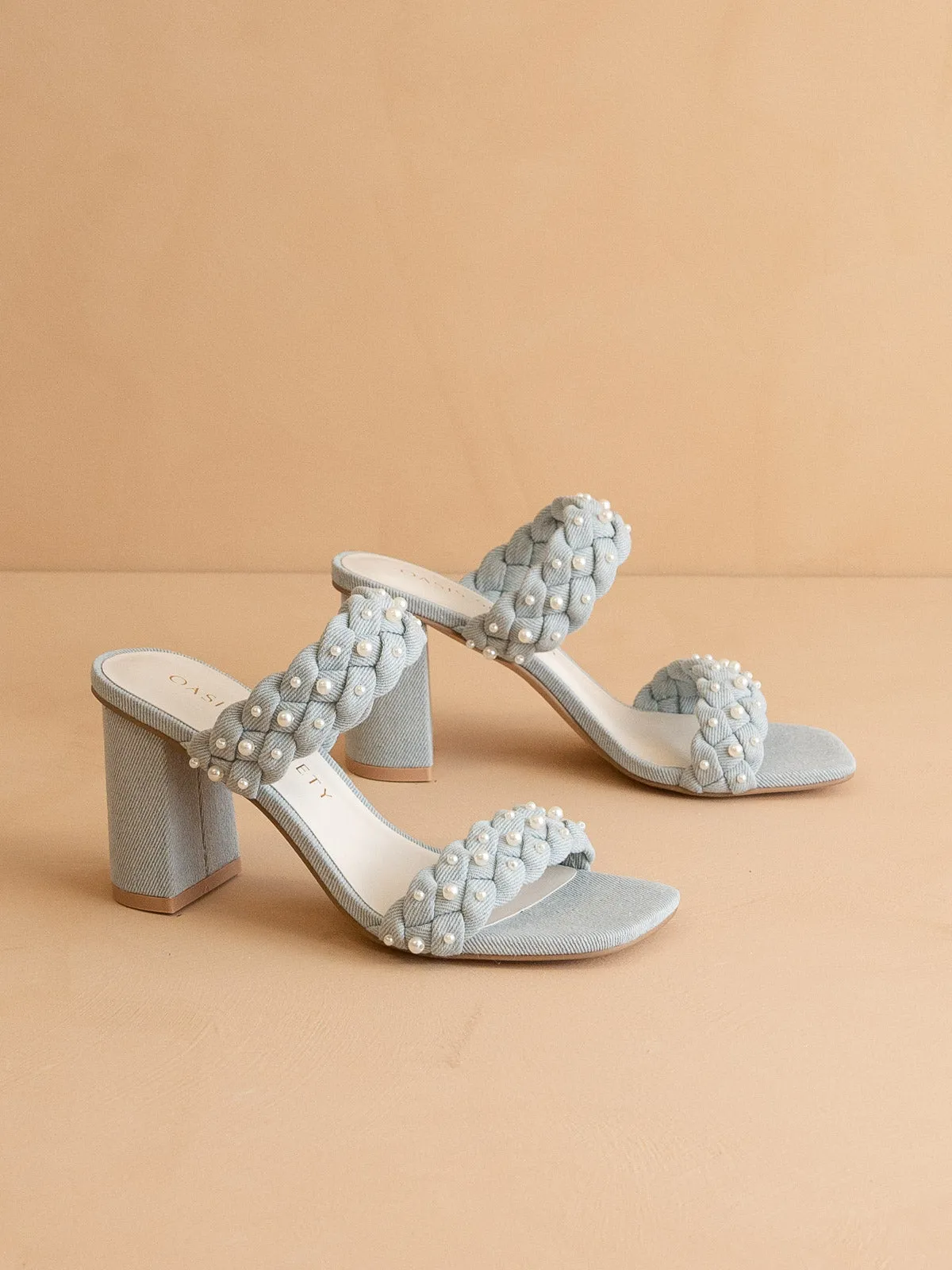 The Parisa | Denim Braided Pearl Heeled Sandals