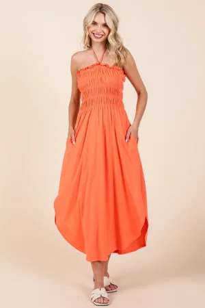 Tie Back Living Coral Shirring Dress with Pockets