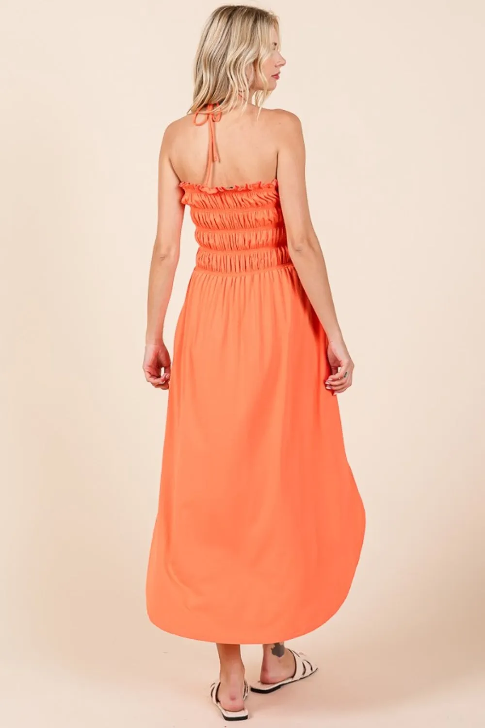 Tie Back Living Coral Shirring Dress with Pockets