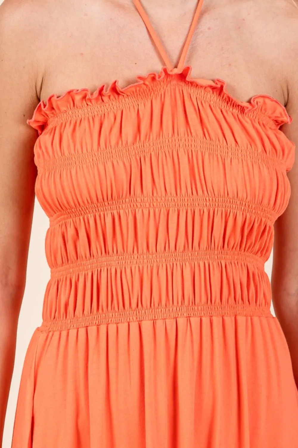 Tie Back Living Coral Shirring Dress with Pockets