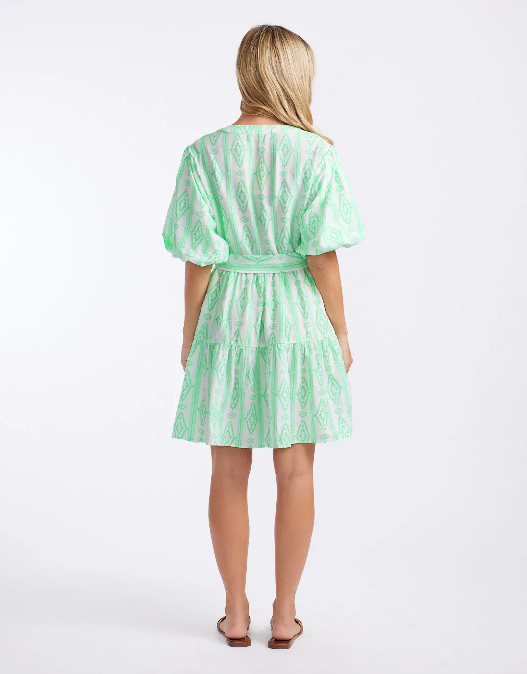Tie Scandinavian Dress - Green/White