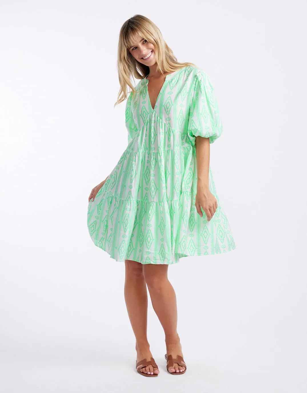 Tie Scandinavian Dress - Green/White