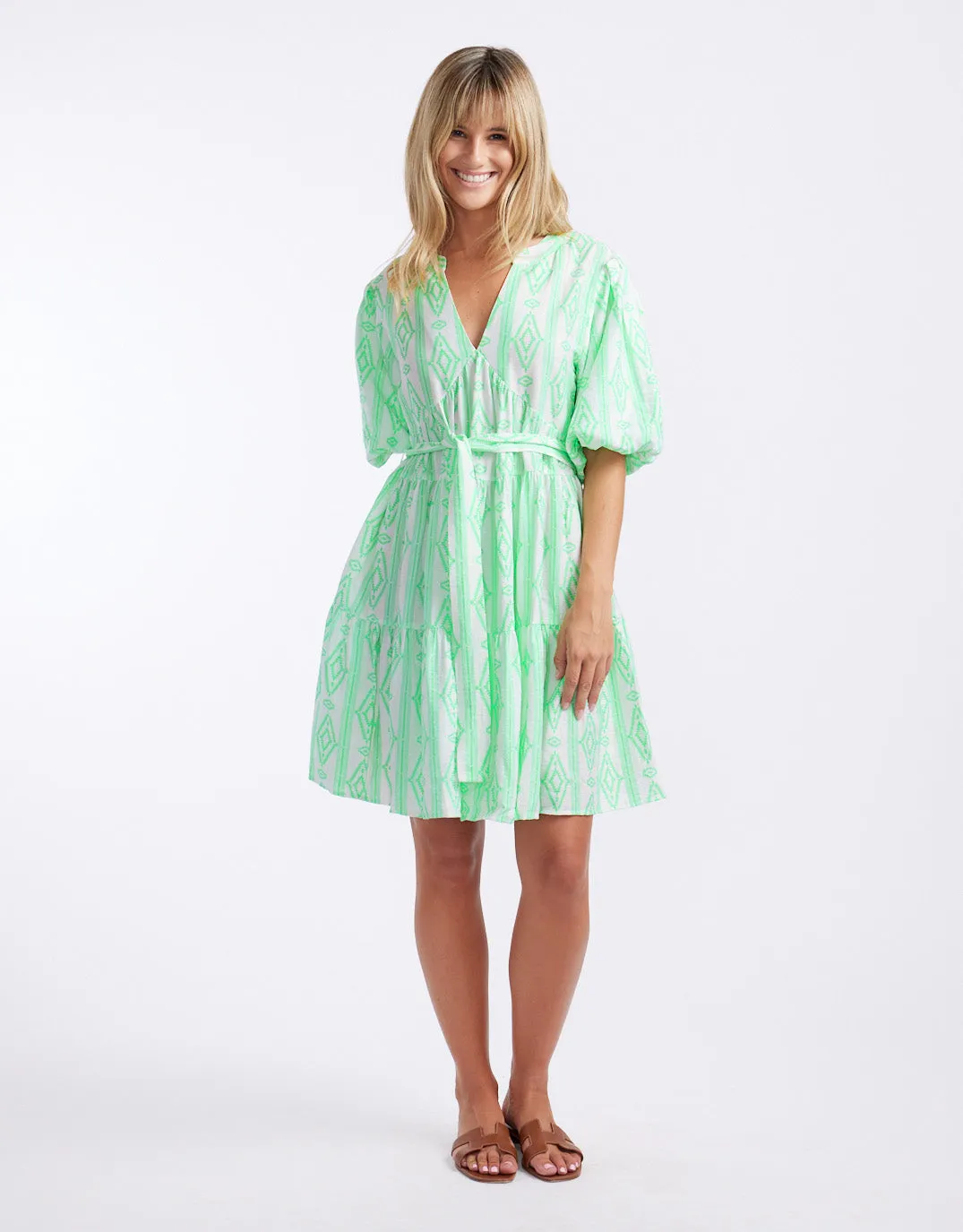 Tie Scandinavian Dress - Green/White