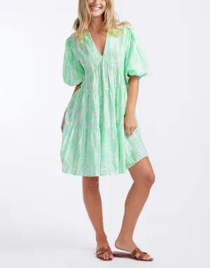 Tie Scandinavian Dress - Green/White