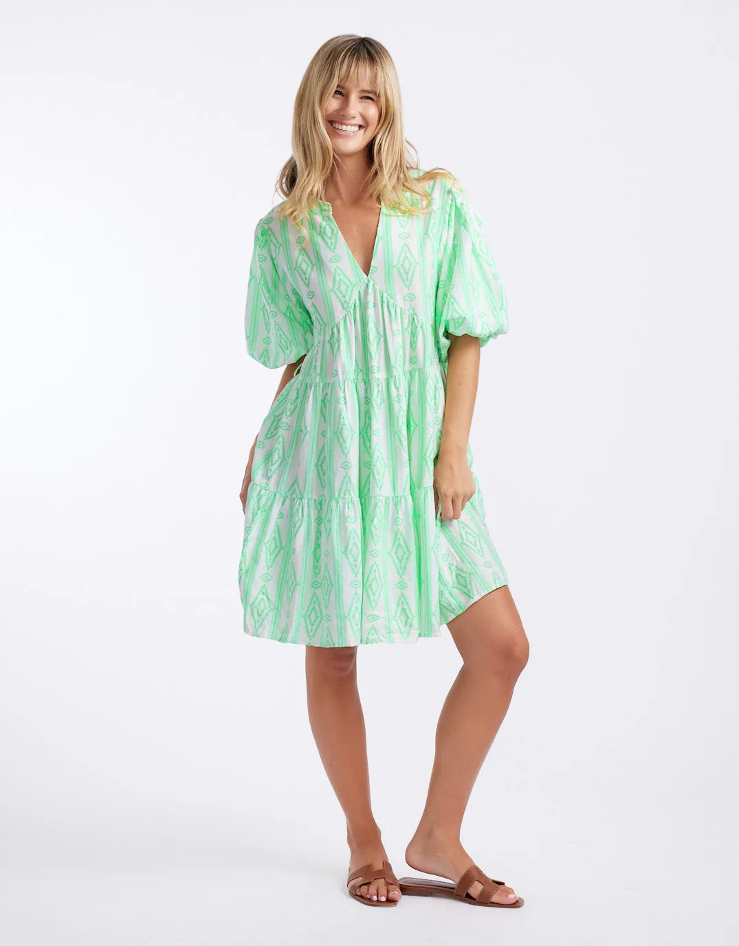 Tie Scandinavian Dress - Green/White