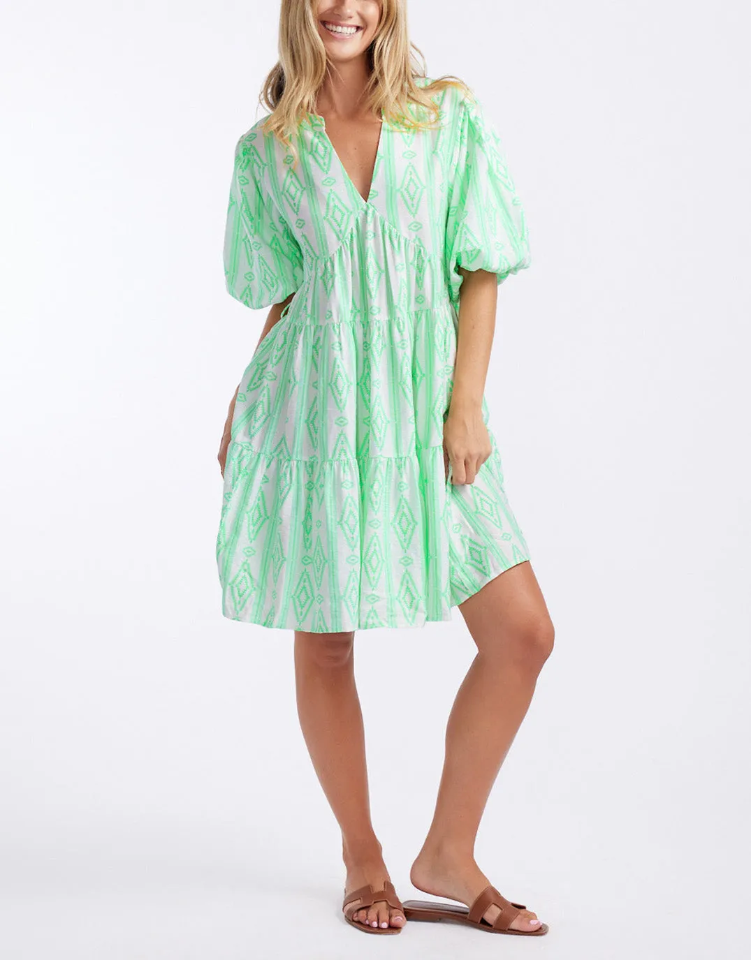 Tie Scandinavian Dress - Green/White