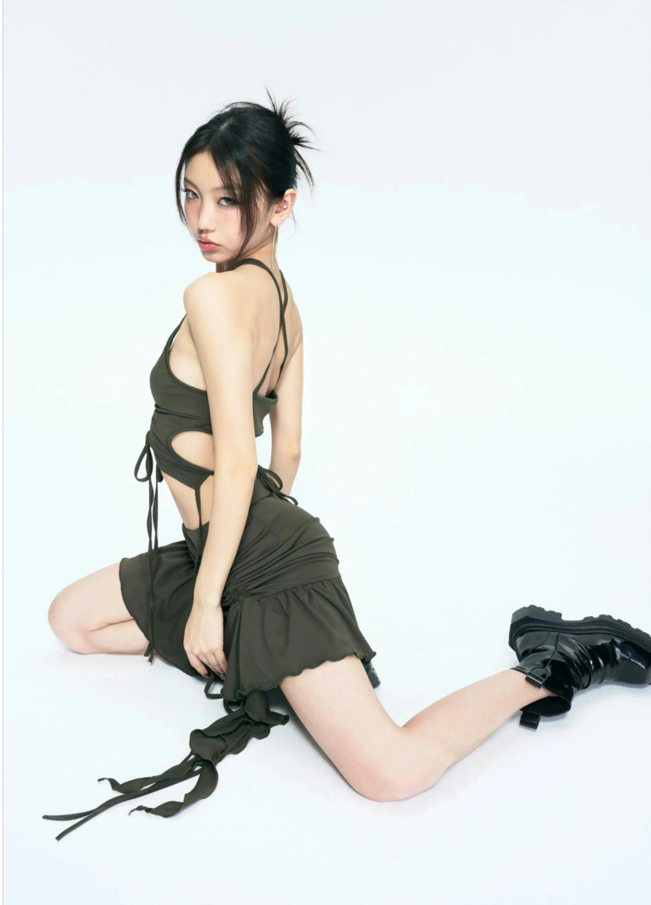 Tie-Up Crop Top and Ruffled Skirt Three-Piece Set