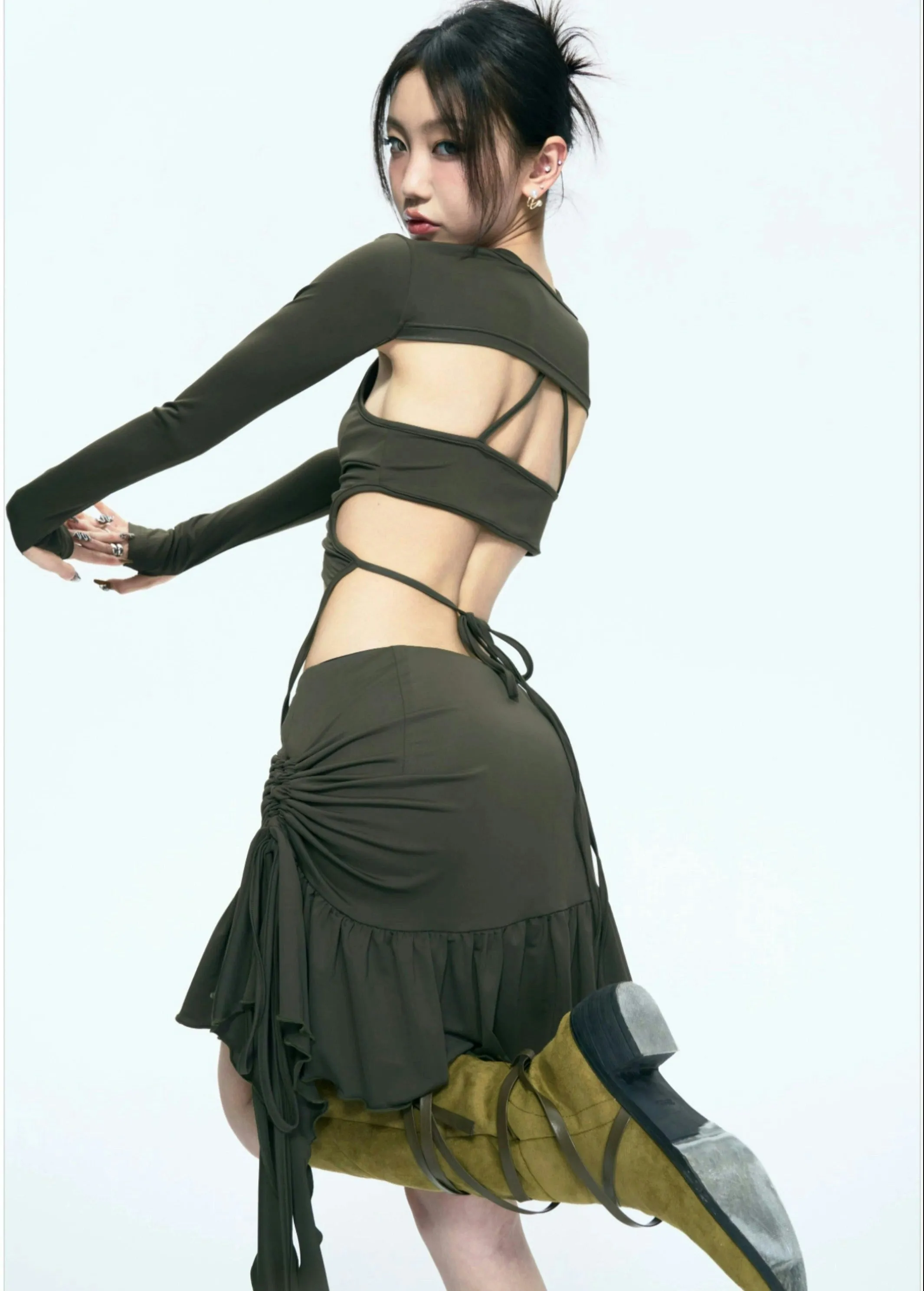 Tie-Up Crop Top and Ruffled Skirt Three-Piece Set