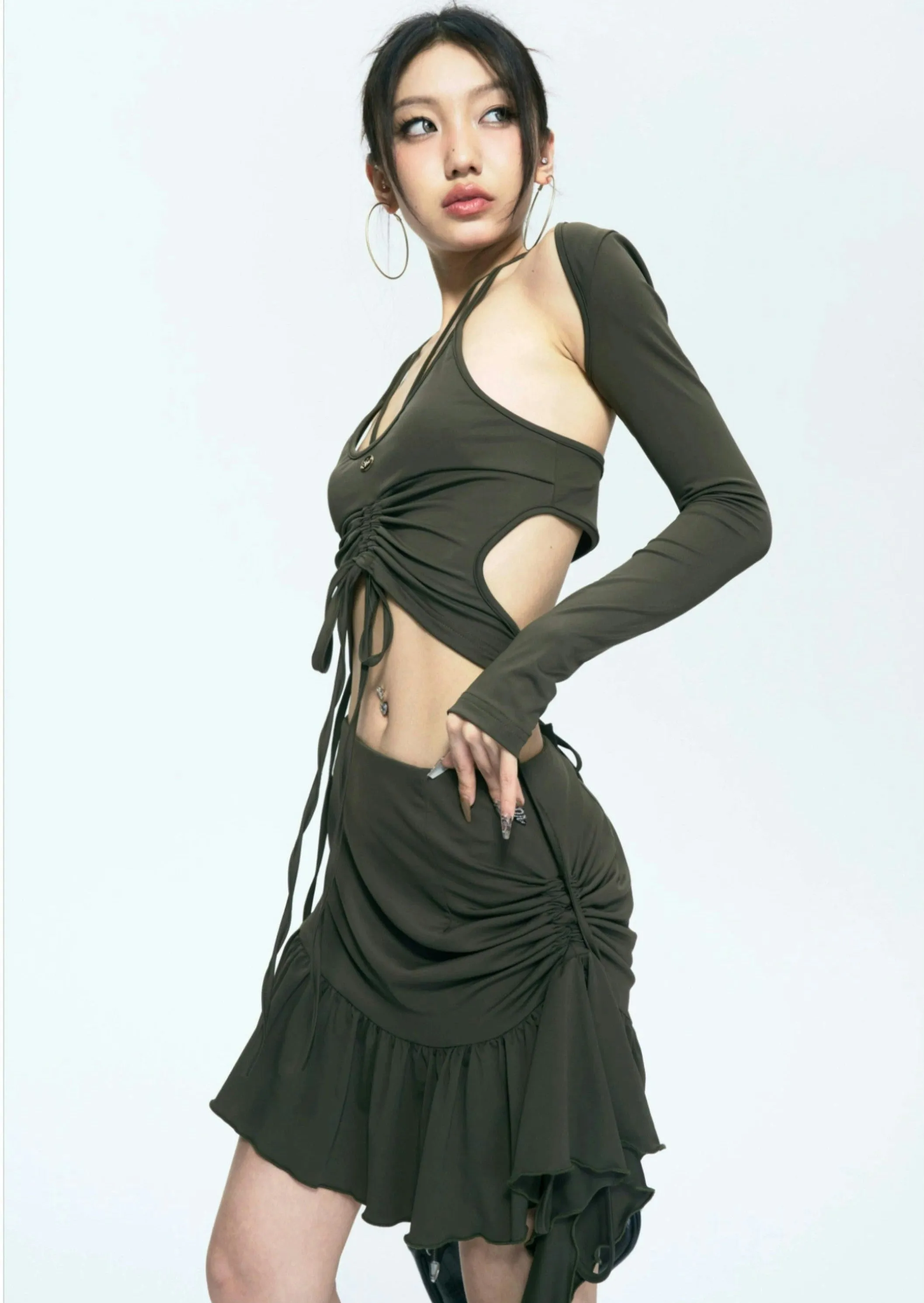 Tie-Up Crop Top and Ruffled Skirt Three-Piece Set