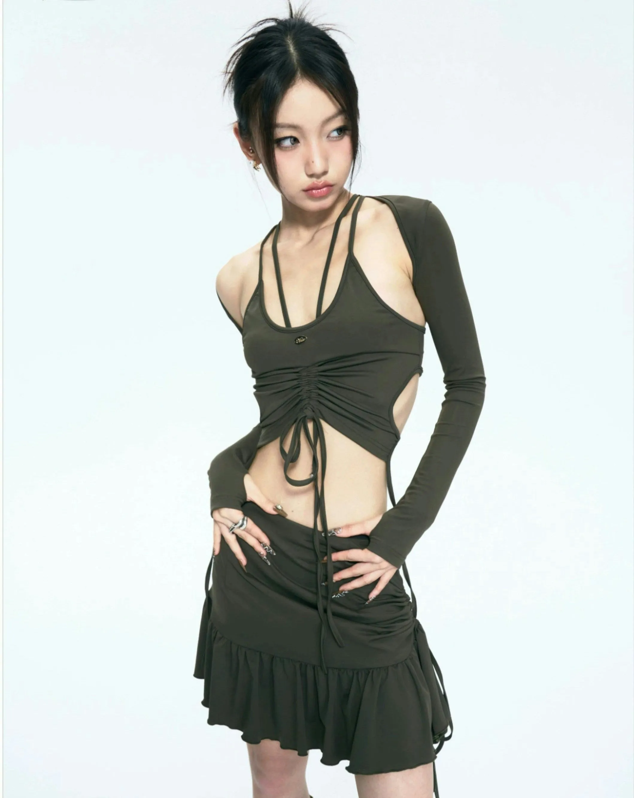 Tie-Up Crop Top and Ruffled Skirt Three-Piece Set